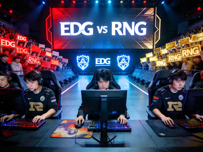 LOL春季赛季后赛EDG对阵RNG的比赛现场，选手正在专注操作