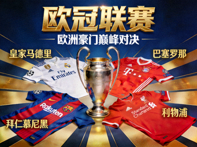 欧冠联赛专题海报，欧洲豪门俱乐部标志性球衣与奖杯